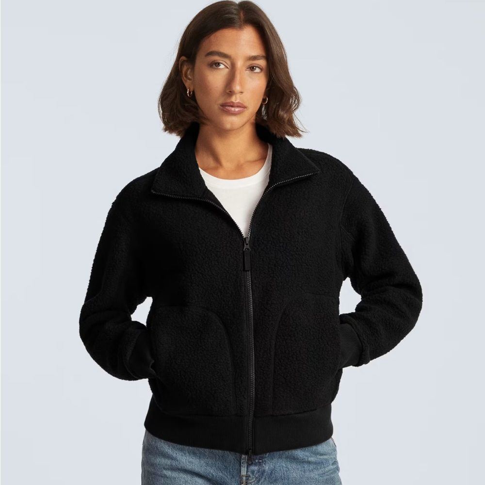 EVERLANE RENEW TEDDY BOMBER FLEECE BLACK ZIPPERED JACKET M